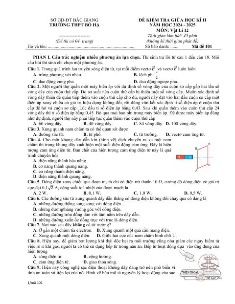 Đề thi Giữa kì 2 Vật lí 12 năm 2024-2025 trường THPT Bố Hạ (Bắc Giang)